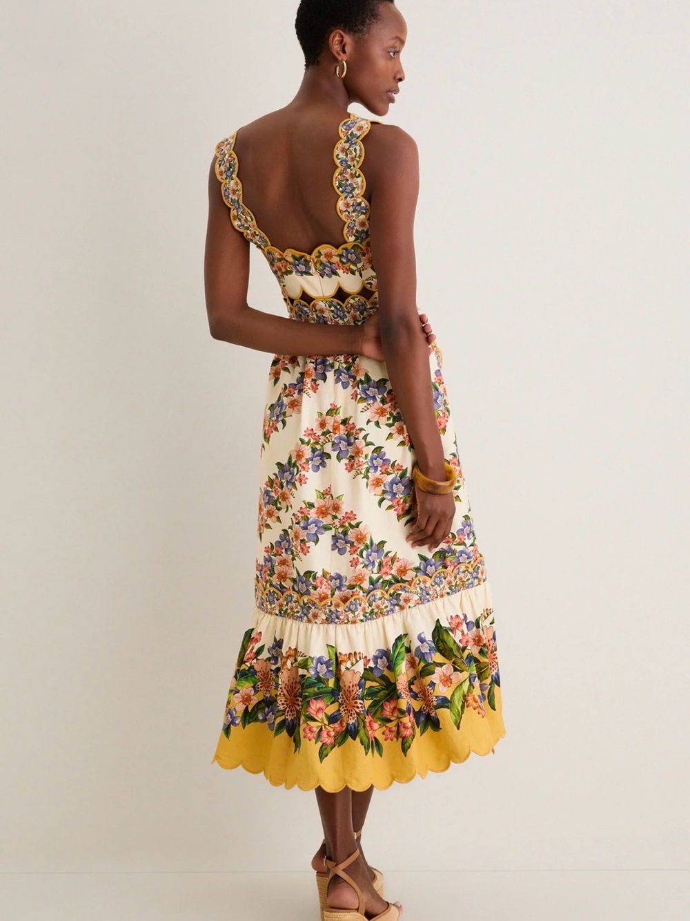 FARM Rio Cream Floral Midi Dress with Yellow Scallop Trim - Picture 2 of 3